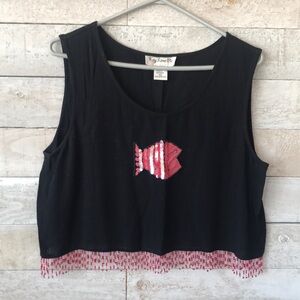 Fish embroidered sequins fringe sleeveless crop top or to cover up